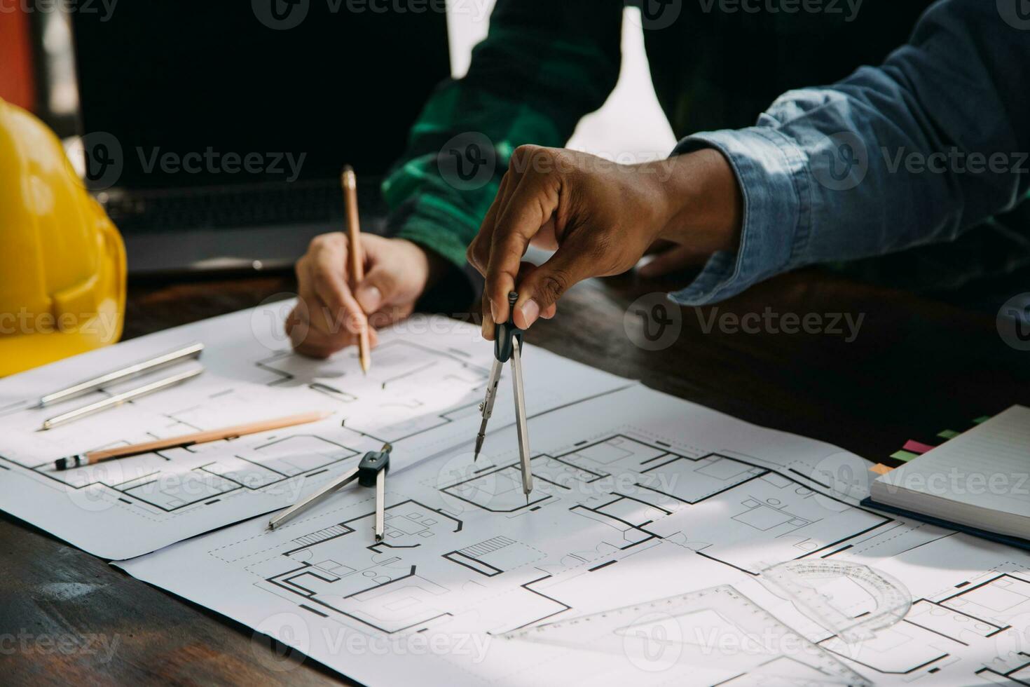 Architectural Office desk background construction project ideas concept, With drawing equipment with mining light photo