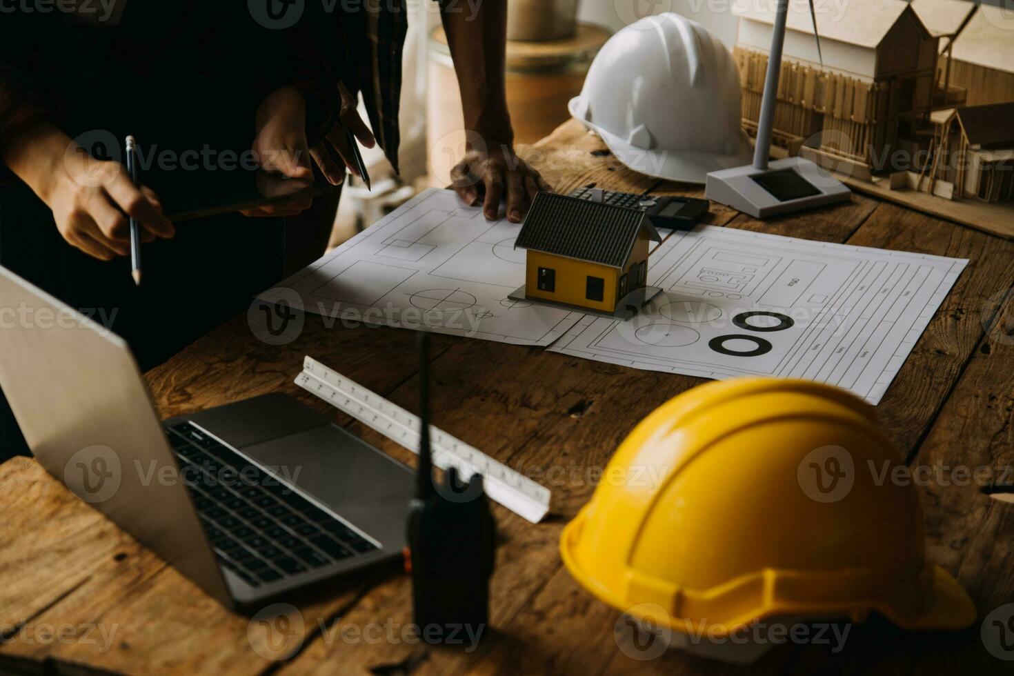 Architectural Office desk background construction project ideas concept, With drawing equipment with mining light photo