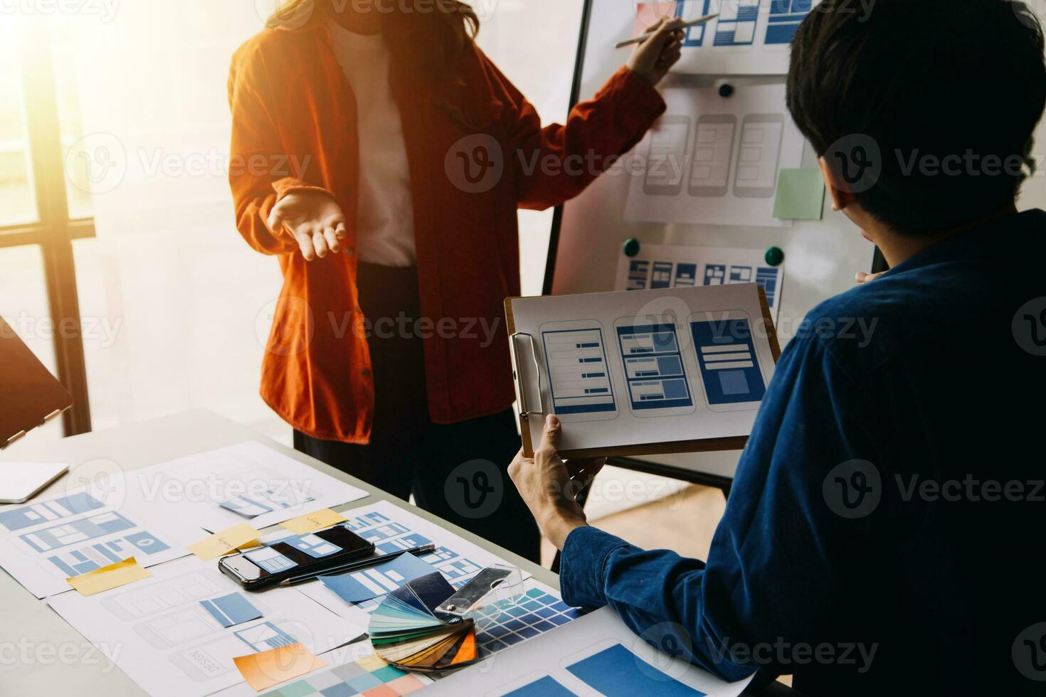 ux Graphic designer creative sketch planning application process development prototype wireframe for web mobile phone . User experience concept. photo