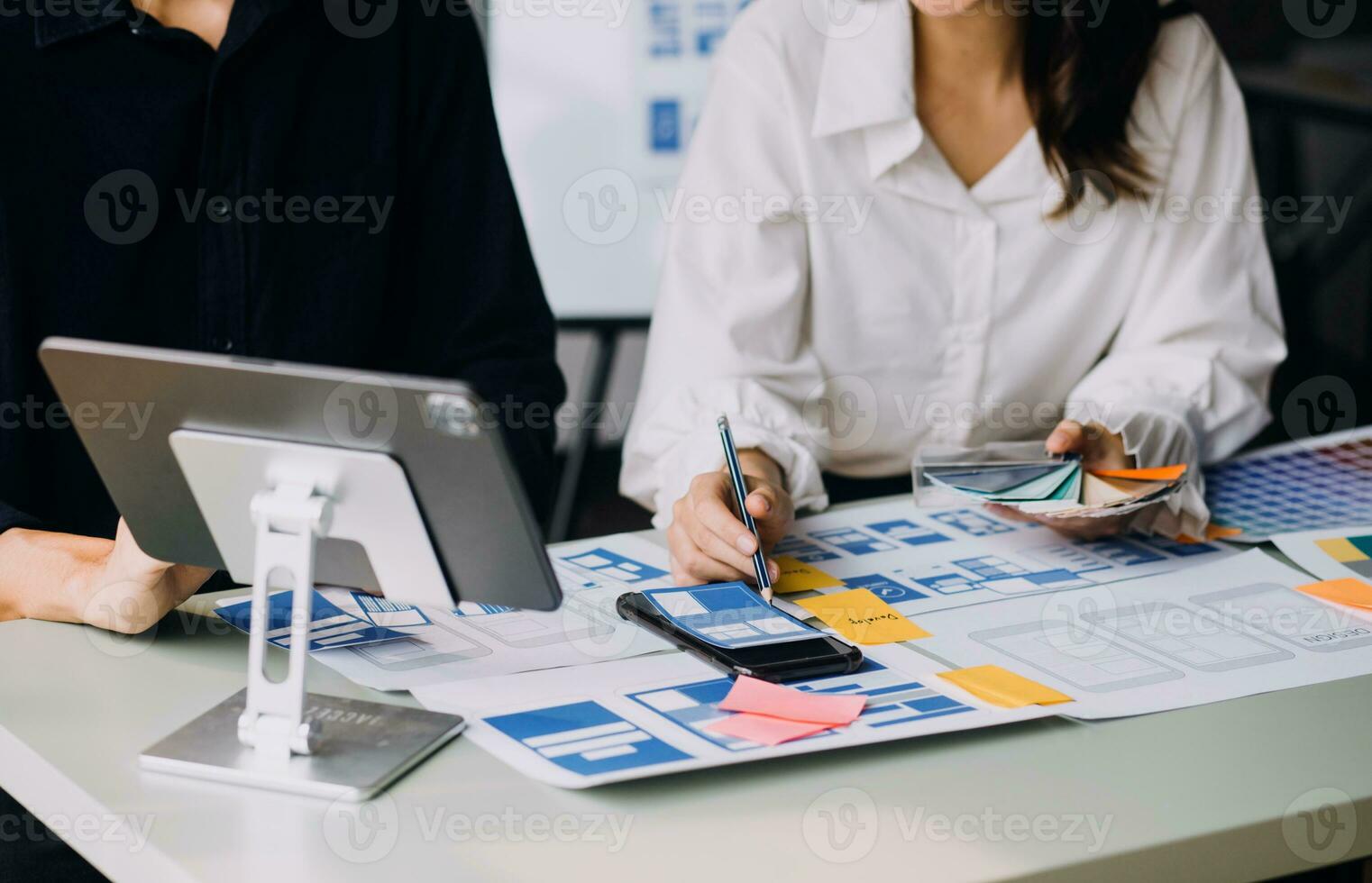 ux Graphic designer creative sketch planning application process development prototype wireframe for web mobile phone . User experience concept. photo