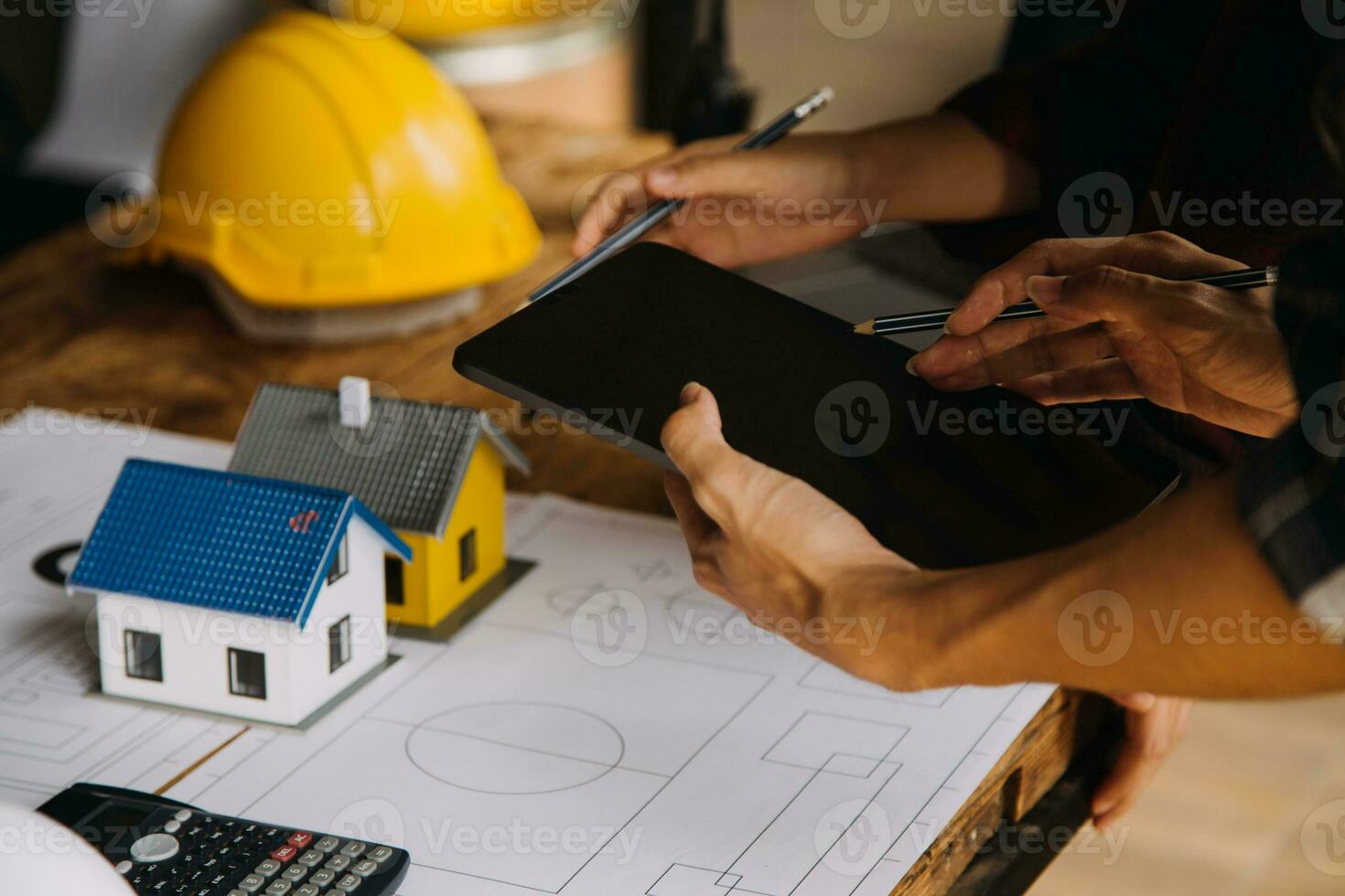 Architectural Office desk background construction project ideas concept, With drawing equipment with mining light photo