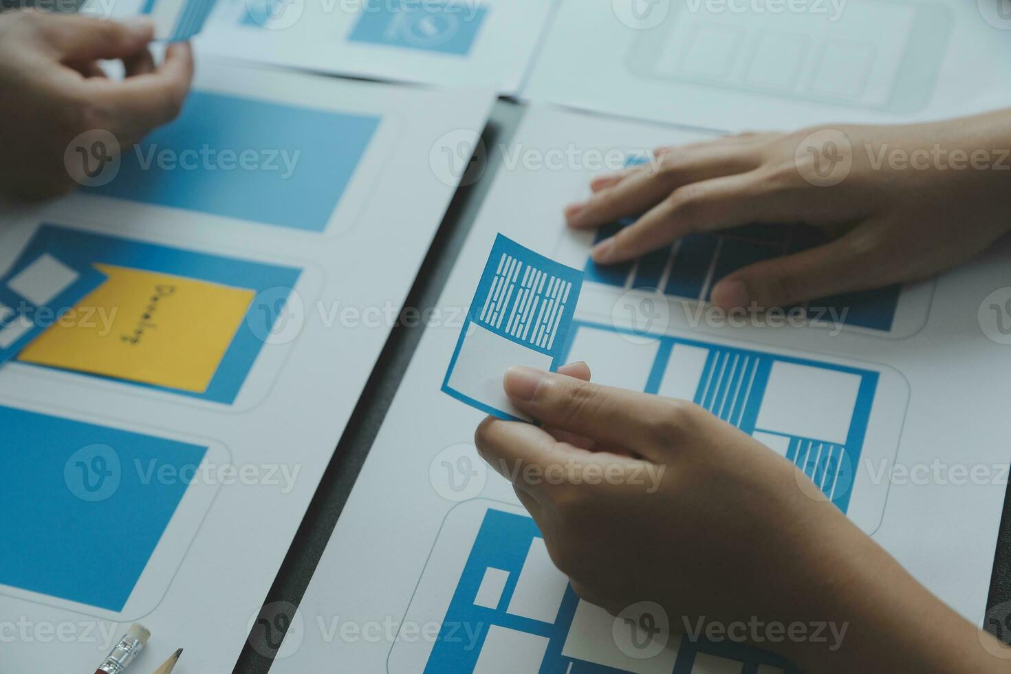 ux Graphic designer creative sketch planning application process development prototype wireframe for web mobile phone . User experience concept. photo