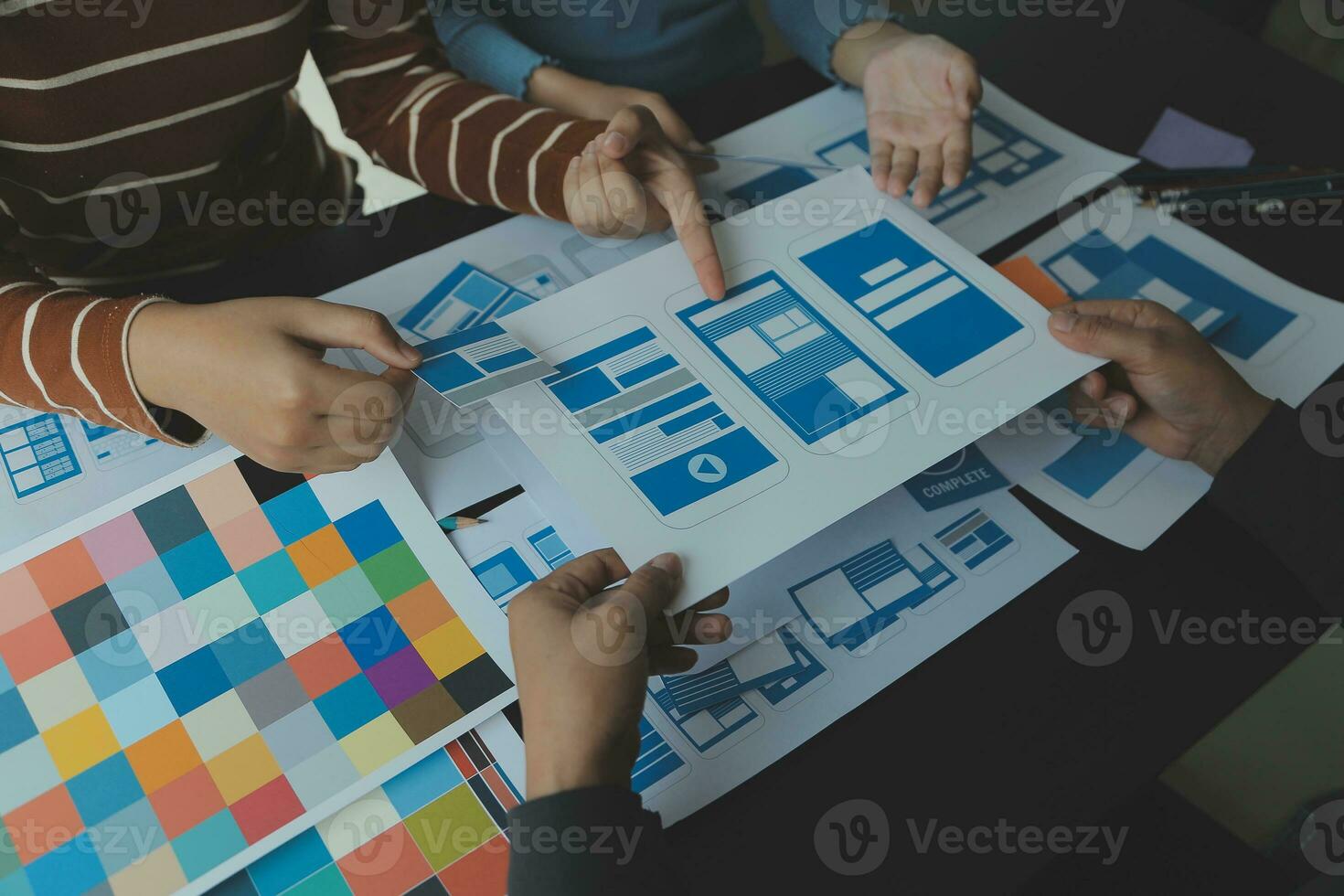 ux Graphic designer creative sketch planning application process development prototype wireframe for web mobile phone . User experience concept. photo