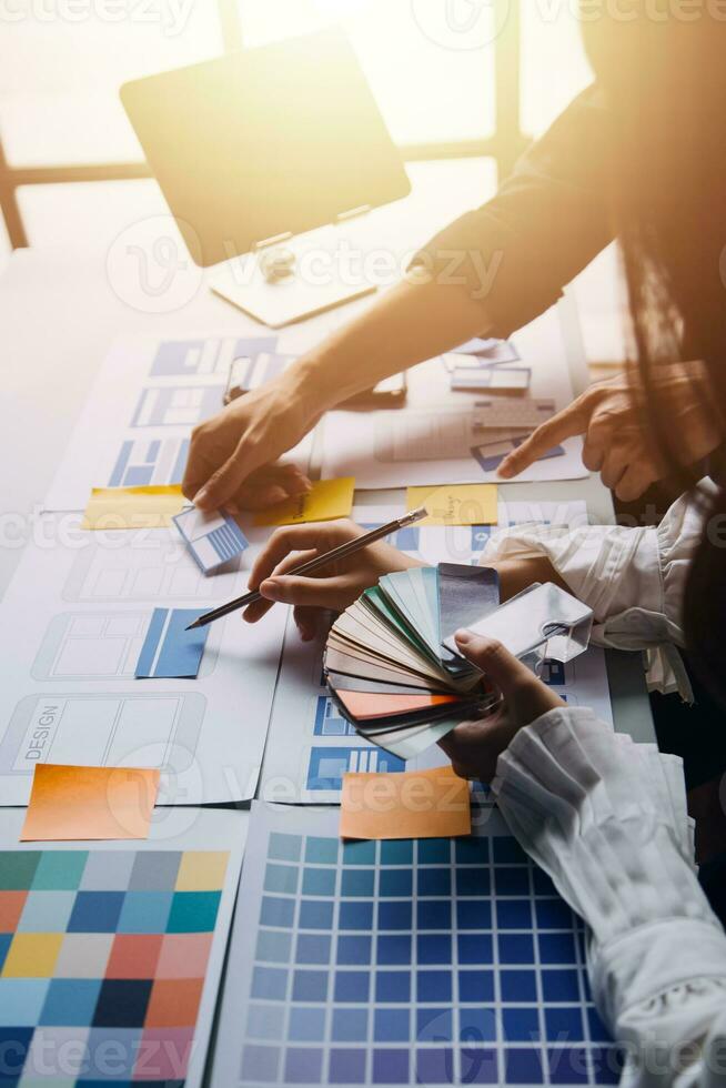 ux Graphic designer creative sketch planning application process development prototype wireframe for web mobile phone . User experience concept. photo