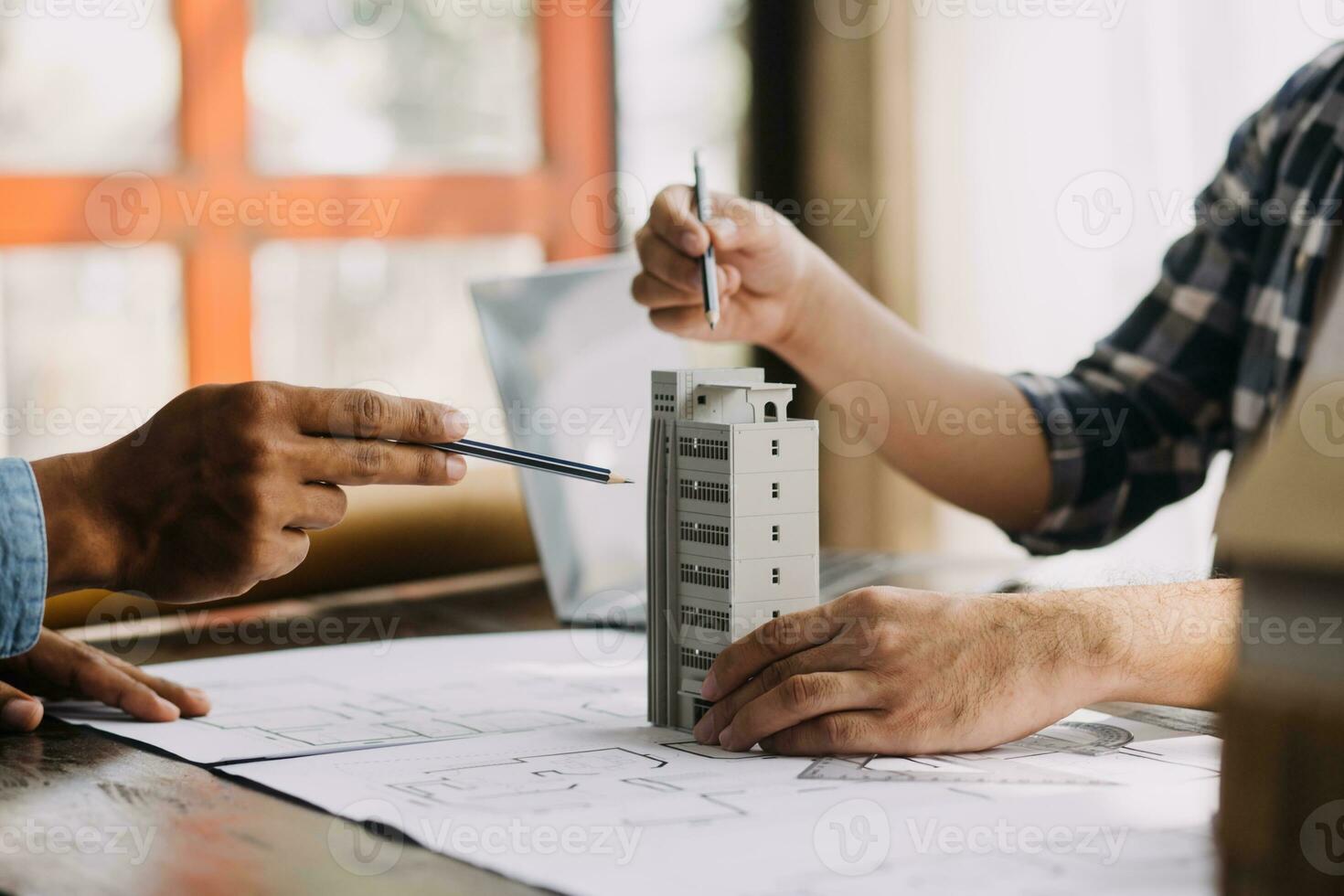 Architectural Office desk background construction project ideas concept, With drawing equipment with mining light photo