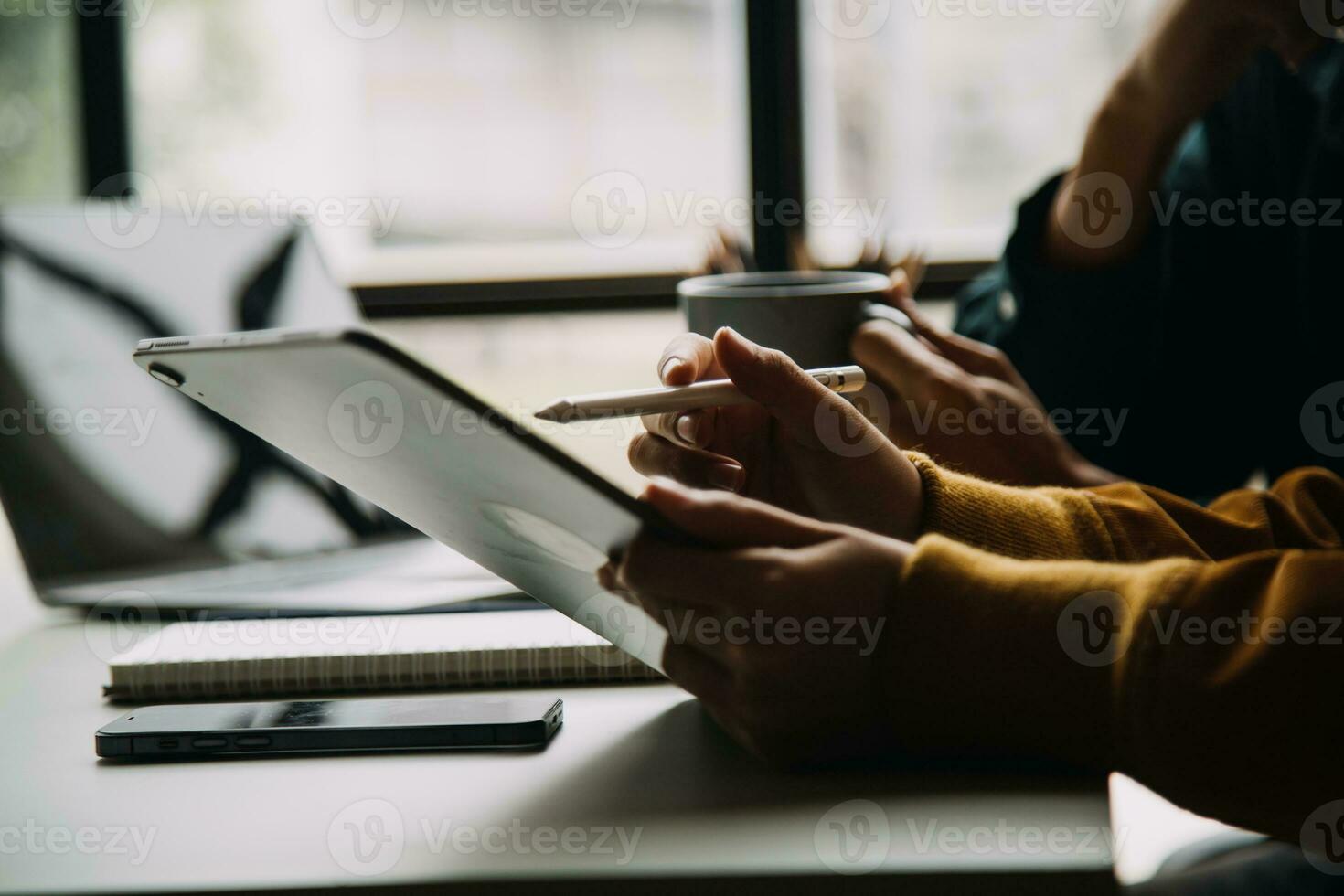 Financial Business team present. Business man hands hold documents with financial statistic stock photo, discussion, and analysis report data the charts and graphs. Finance Financial concept photo