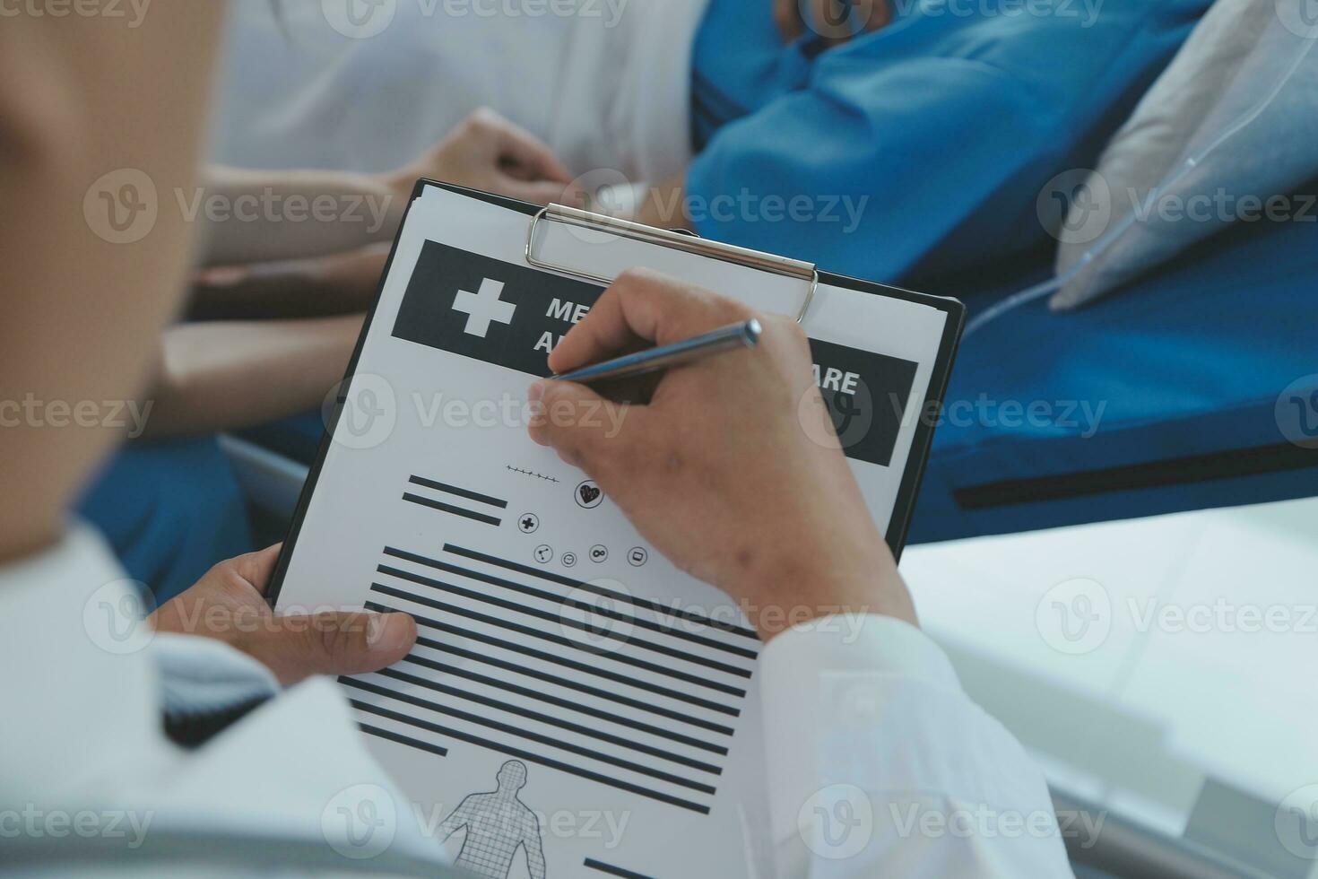 Injured patient showing doctor broken wrist and arm with bandage in hospital office or emergency room. Sprain, stress fracture or repetitive strain injury in hand. Nurse helping customer. First aid. photo