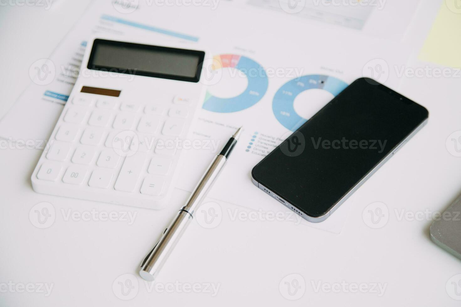 Businesswoman or accountant working Financial investment on calculator, calculate, analyze business and marketing growth on financial document data graph, Accounting, Economic, commercial concept. photo
