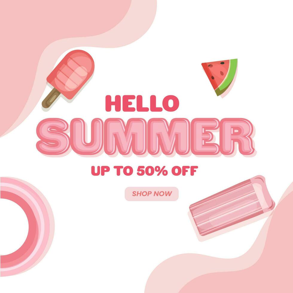 Hola verano rebaja póster diseño con sandía rebanada, hielo crema, nadando anillo y estera. vector