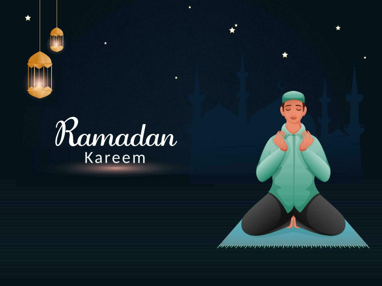 Ramadán kareem concepto con musulmán hombre ofrecimiento namaz oración y iluminado linternas colgar en verde azulado azul antecedentes. vector