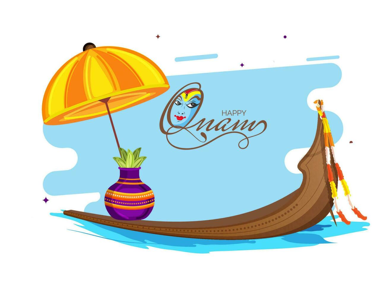 Happy Onam Font With Kathakali Dancer Face, Umbrella, Worship Pot, Vallam Kali On Blue And White Background. vector