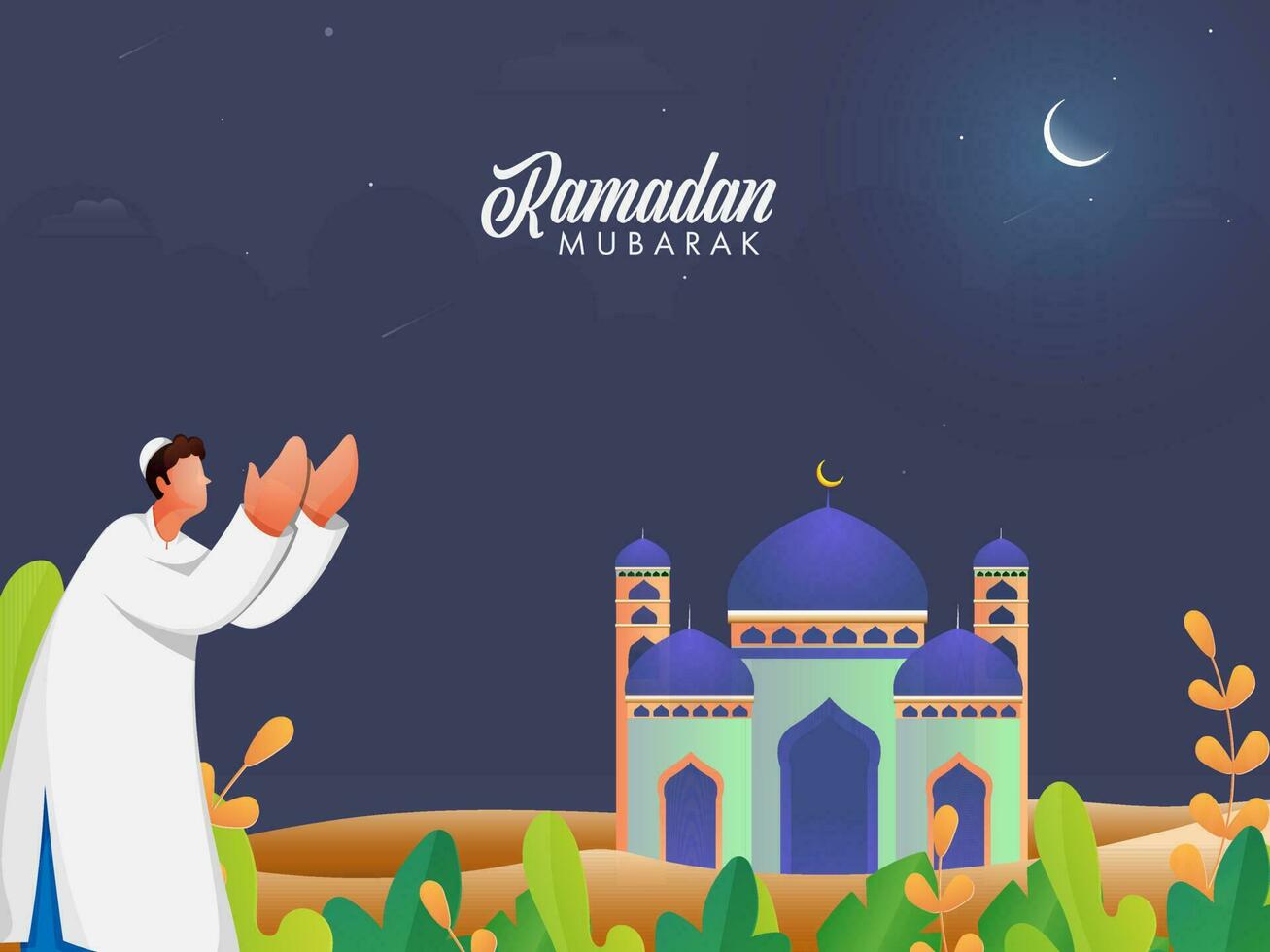 Ramadan Mubarak Poster Design With Muslim Man Offering Namaz, Glossy Mosque, Leaves On Nighttime Blue And Desert Background. vector
