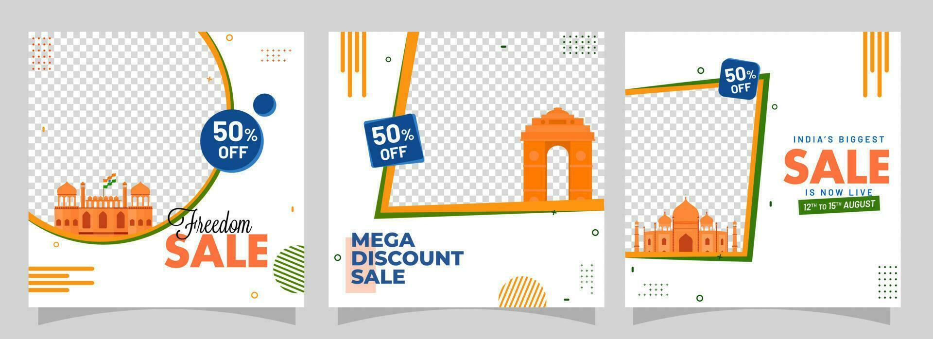 Freedom Sale Poster Or Template Design With Discount Offer And India Famous Monuments In Three Options. vector