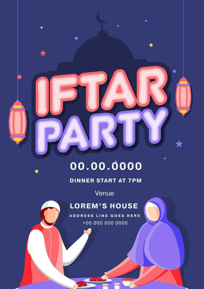Iftar Party Invitation Or Flyer Design With Event Details And Hanging Lanterns On Blue Silhouette Mosque Background. vector