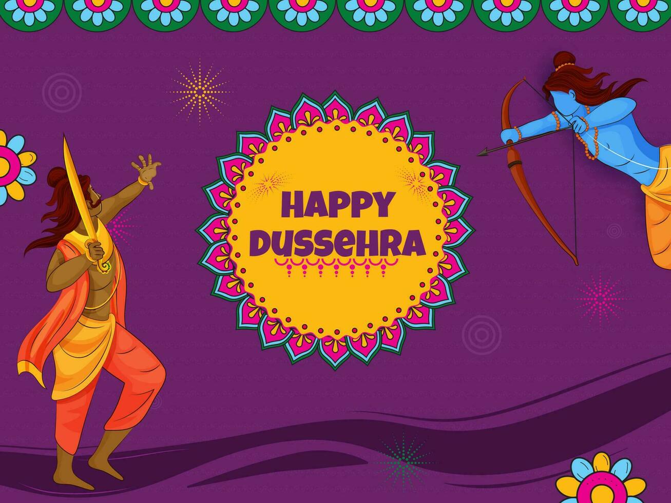 Happy Dussehra Concept With Lord Rama Fighting Between Demon Or King Ravana On Purple Background. vector