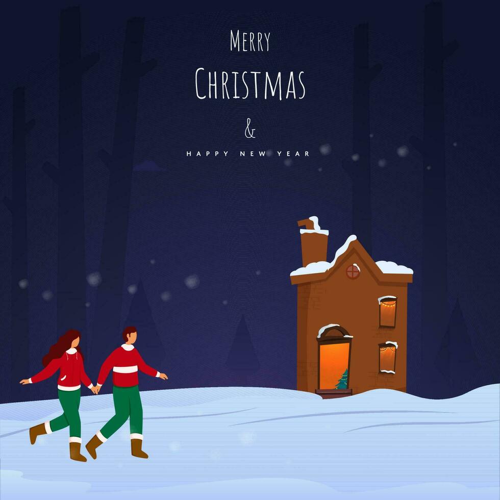Merry Christmas And New Year Poster Design With Chimney House And Young Couple Walking On Blue Snow Background. vector