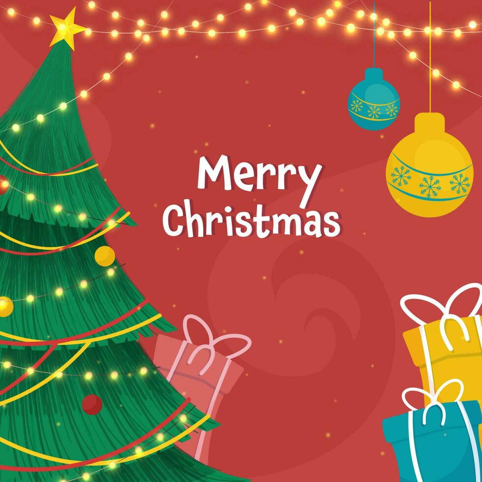Merry Christmas Concept With Decorative Xmas Tree, Gift Boxes, Baubles Hang And Lighting Garland On Red Background. vector