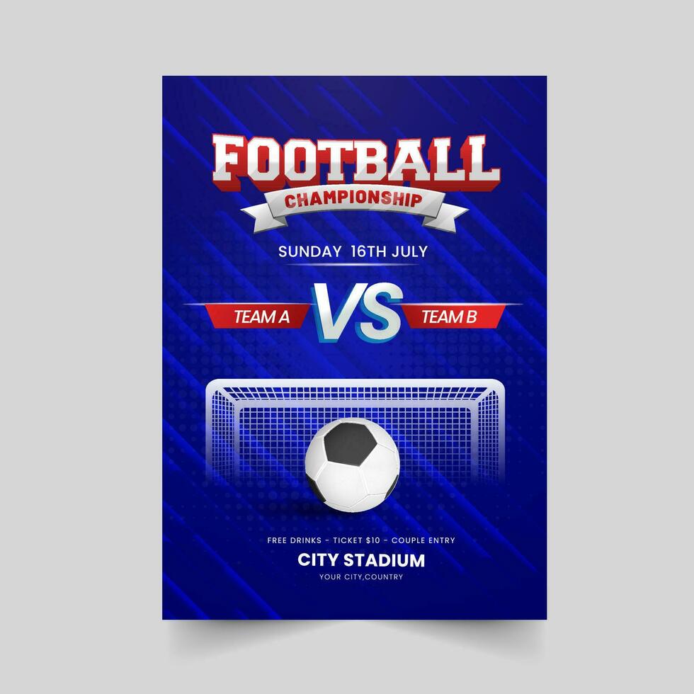 Football Championship Poster Design With Realistic Ball On Blue Abstract Lines Background. vector