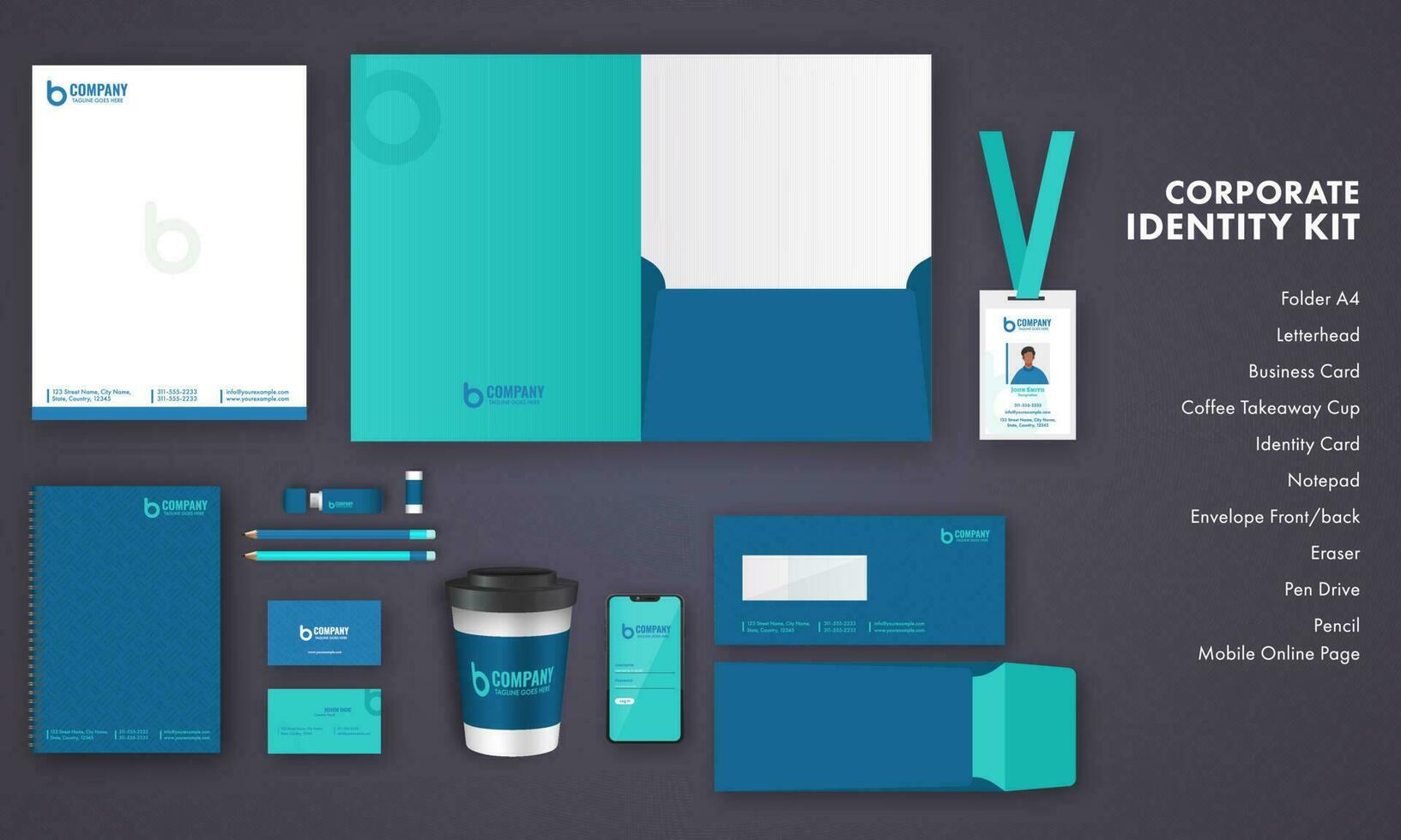 Corporate Identity Kit Including Folder A4, Letterhead, Identity Card, Disposable Coffee Cup, Notepad, Envelope, Pen Drive And Smartphone Etc. vector