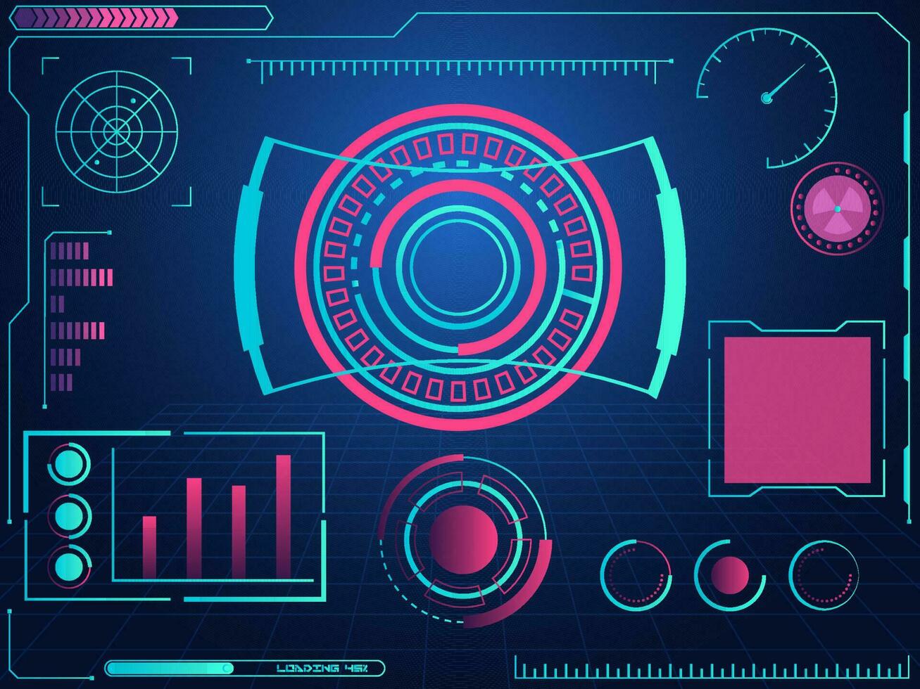 Futuristic graphic user interface HUD and radar screens on blue grid background. vector