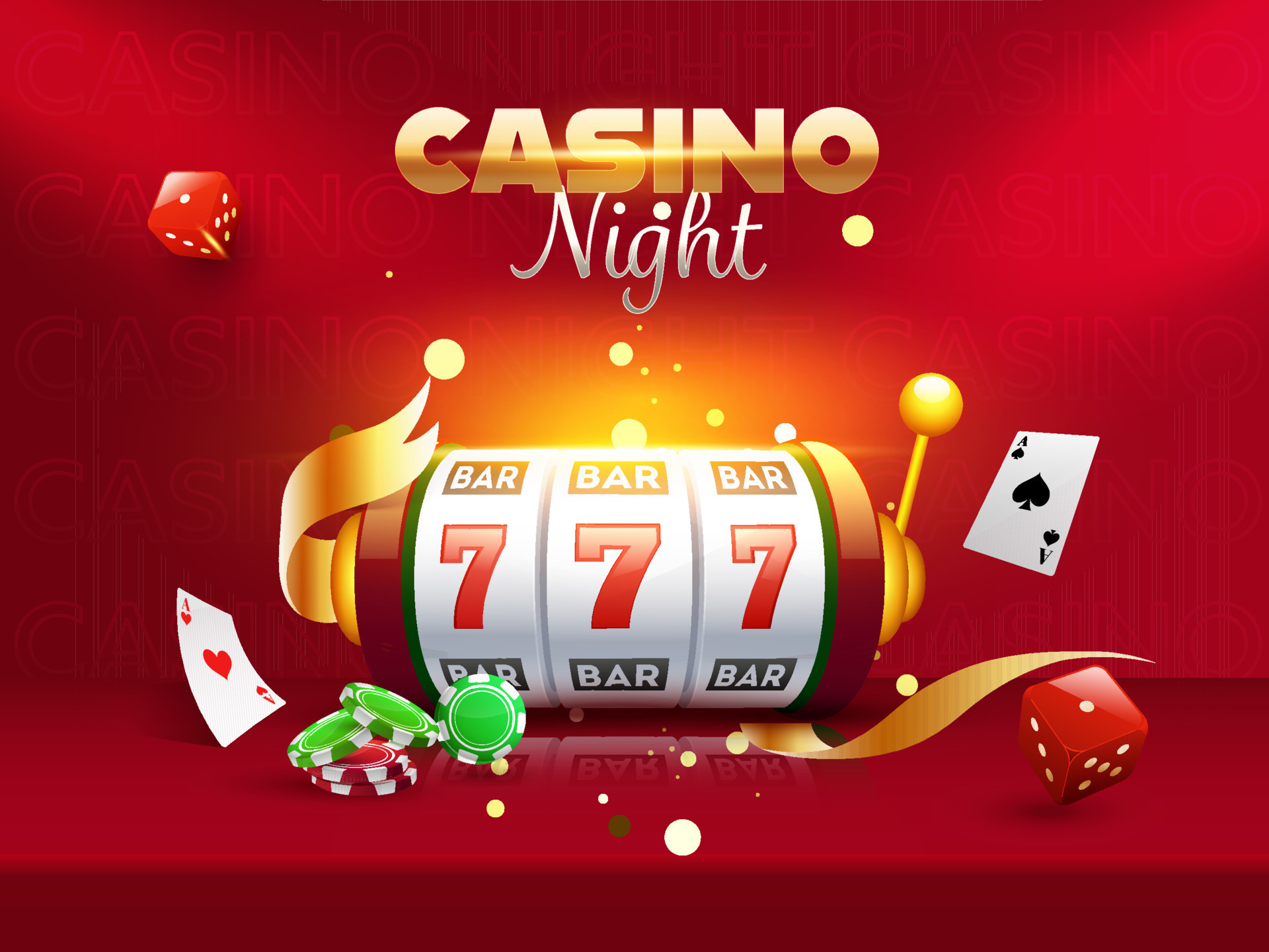 Casino Night Poster Or Flyer Layout With 3D Slot Machine, Dice, Poker