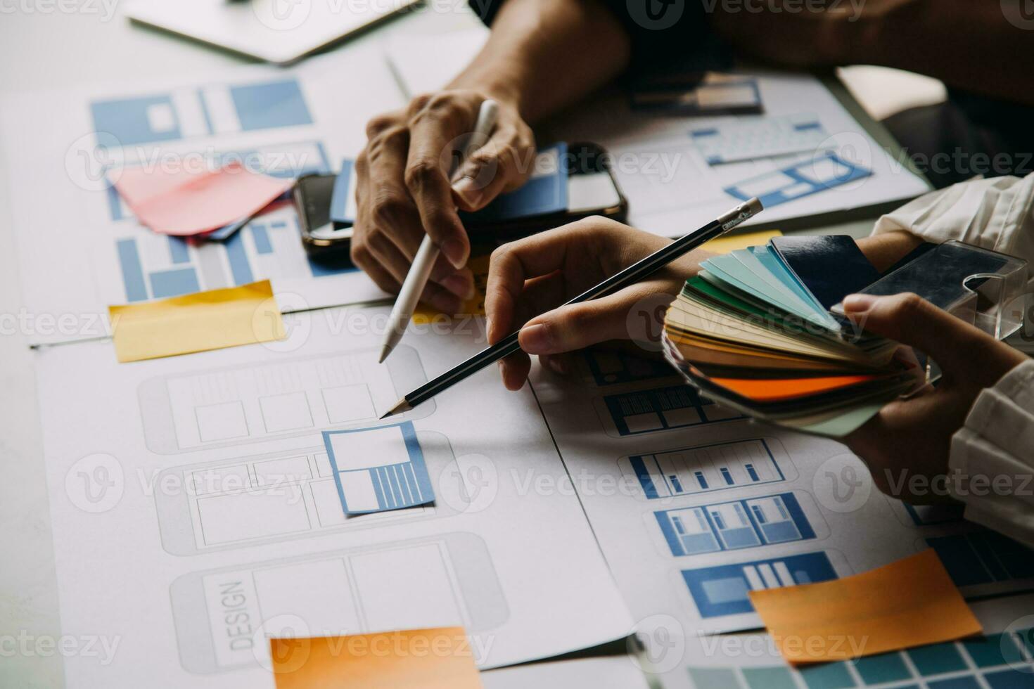 ux Graphic designer creative sketch planning application process development prototype wireframe for web mobile phone . User experience concept. photo