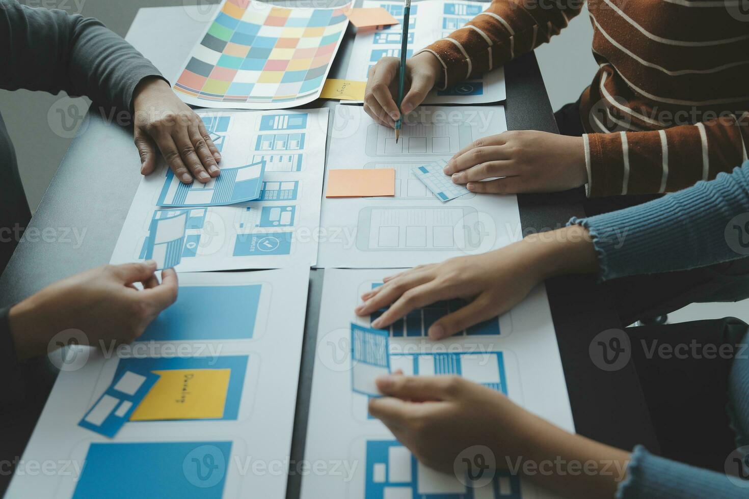 ux Graphic designer creative sketch planning application process development prototype wireframe for web mobile phone . User experience concept. photo