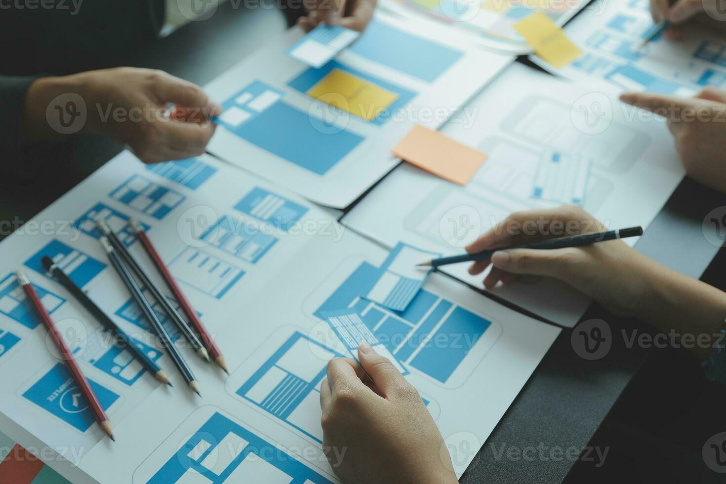 ux Graphic designer creative sketch planning application process development prototype wireframe for web mobile phone . User experience concept. photo