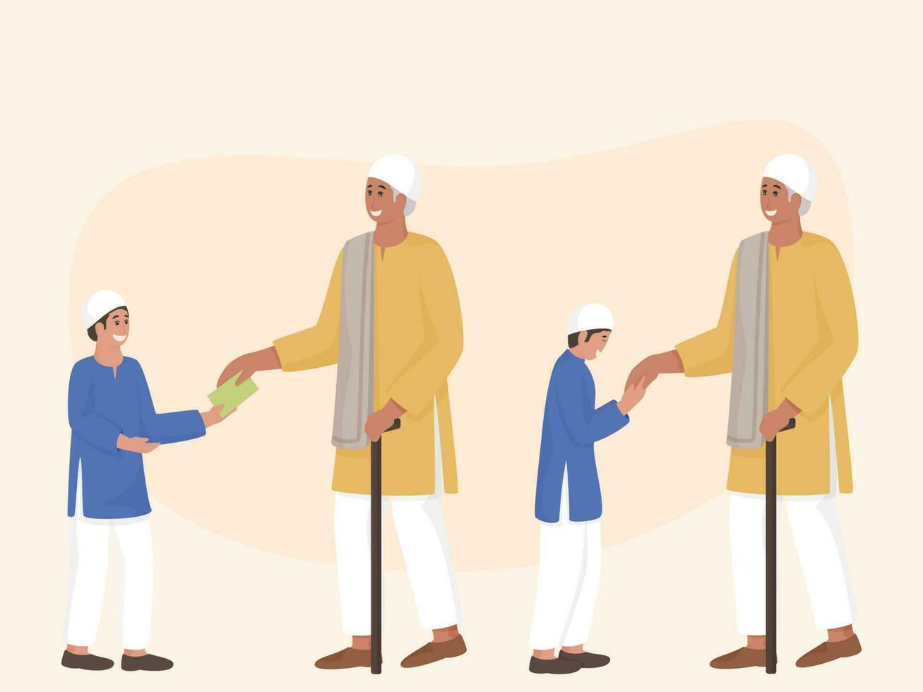 Cheerful Muslim Young Boy With His Grandfather Together In Two Images. vector