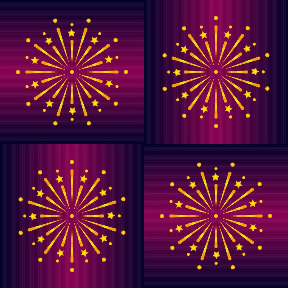 Golden Fireworks On Purple Background In Four Part. vector