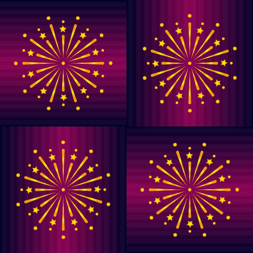 Golden Fireworks On Purple Background In Four Part. vector
