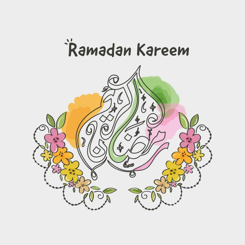 Arábica caligrafía de Ramadán kareem decorado con floral en gris antecedentes. vector