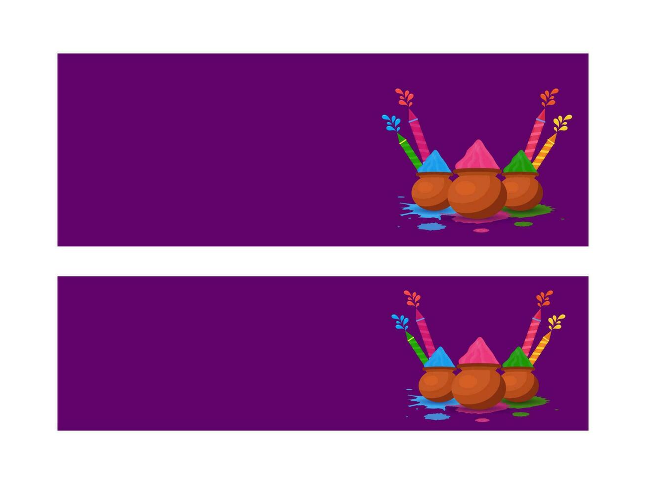 Purple Header Or Banner Design With Mud Pots Full Of Dry Color And Water Guns In Two Options. vector