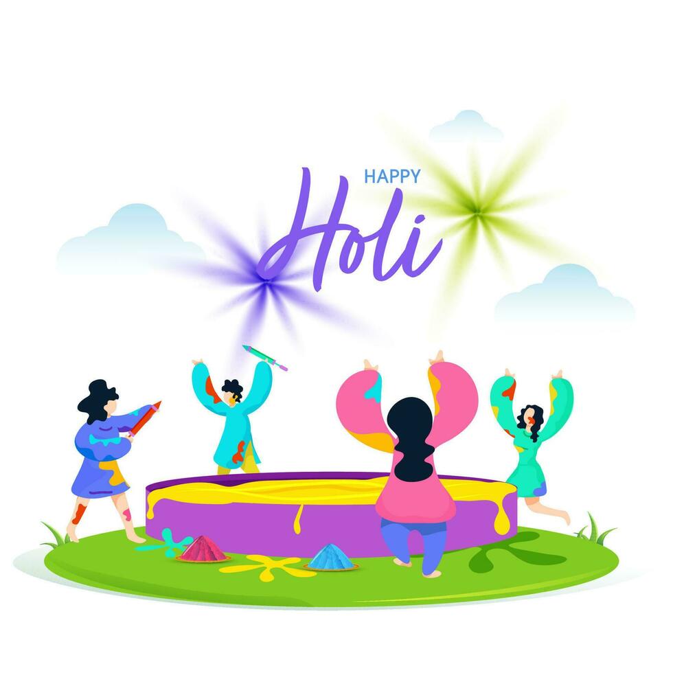 Cartoon Character Of Children Playing Holi Near Water Tub On White Background For Celebration Concept. vector