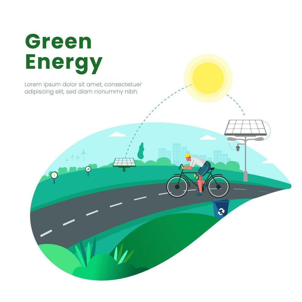 renovable energía concepto con ilustración de hombre montando bicicleta a camino, solar paneles y Brillo Solar en verde ciudad antecedentes. vector