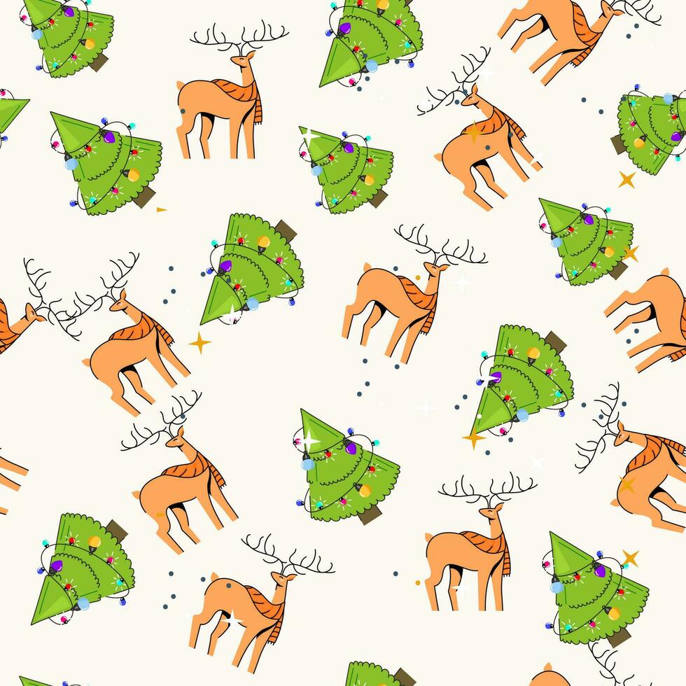 Endless Decorative Christmas Tree And Cartoon Reindeer On Beige Background. vector