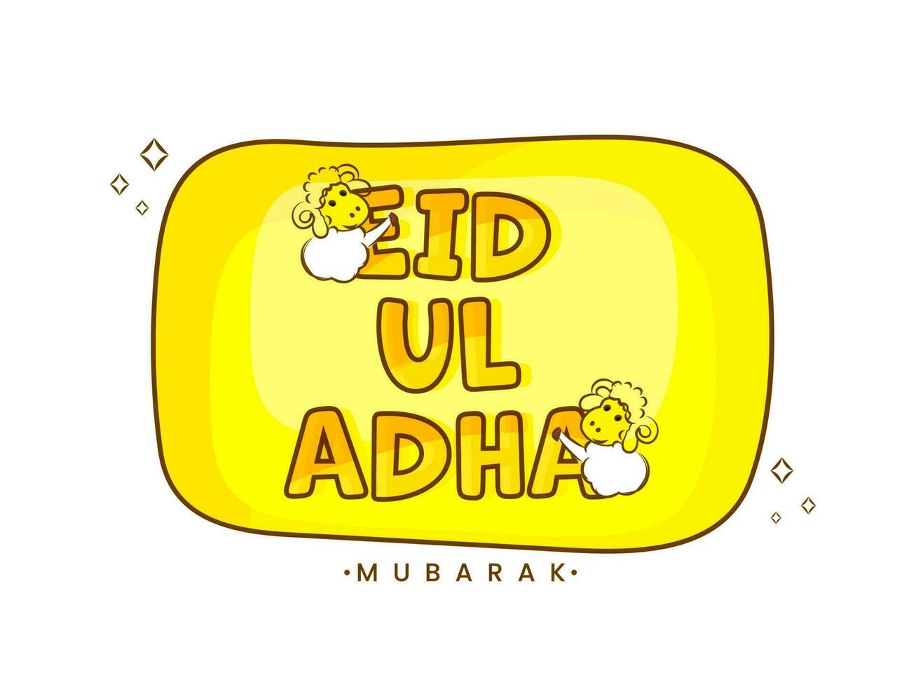 Eid Ul Adha Mubarak Font With Two Cartoon Sheep On Yellow And White Background. vector