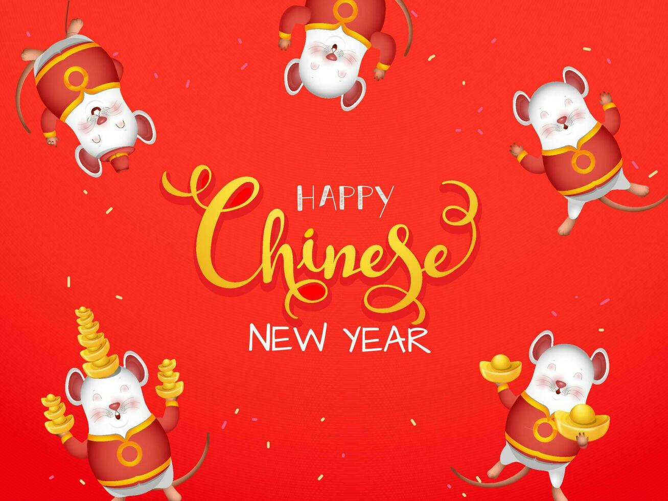 Happy Chinese New Year Font with Cartoon Character of Rat holding Ingots in Dancing Pose on Orange Background. vector