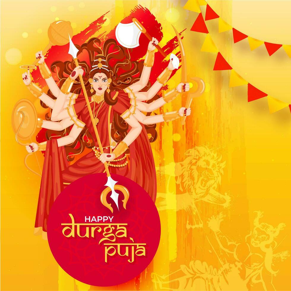 Creative poster or template design with illustration of Hindu Mythological Goddess Durga for Happy Durga Puja celebration concept. vector