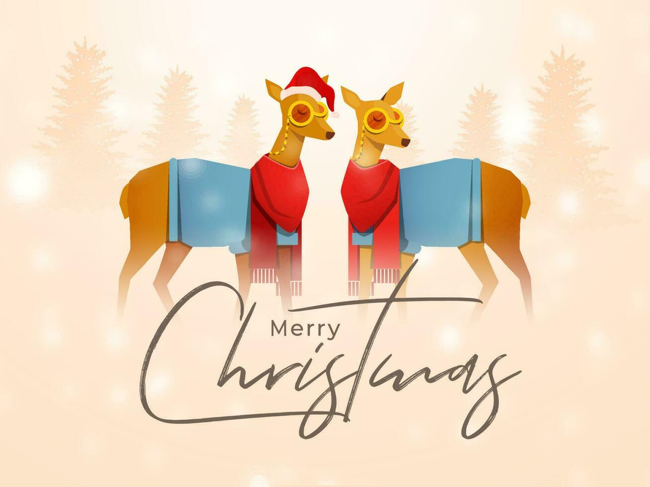 Calligraphy of Merry Christmas with pair deer character wearing cloths on peach color xmas tree background. vector