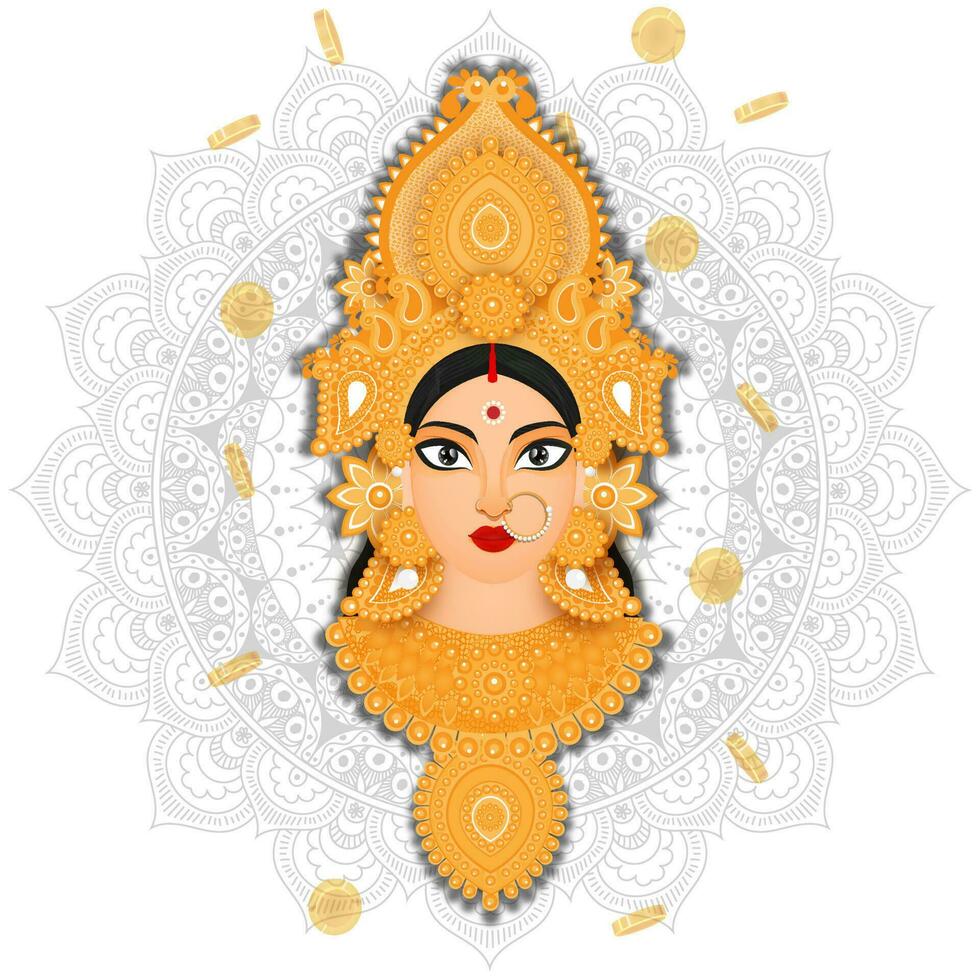 Illustration of Goddess Lakshmi Maa face with coins decorated on mandala pattern background. vector