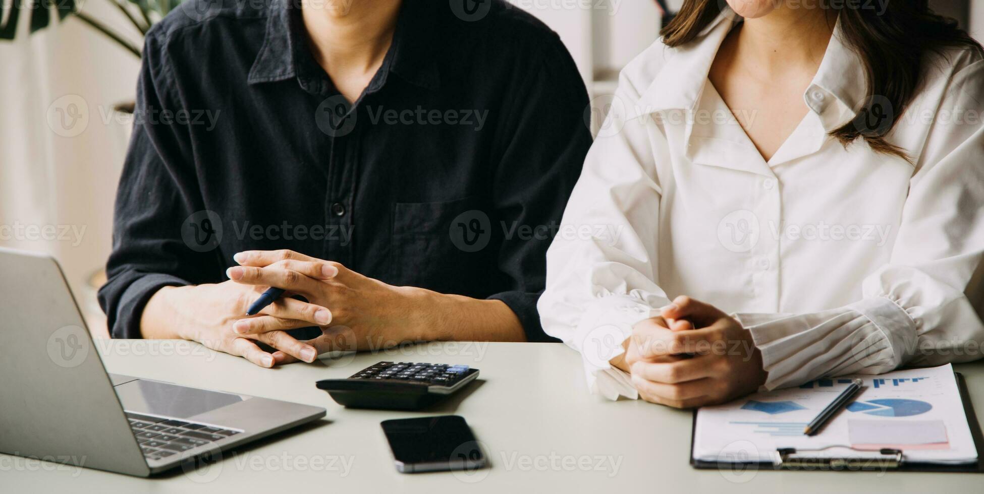 Financial Business team present. Business man hands hold documents with financial statistic stock photo, discussion, and analysis report data the charts and graphs. Finance Financial concept photo