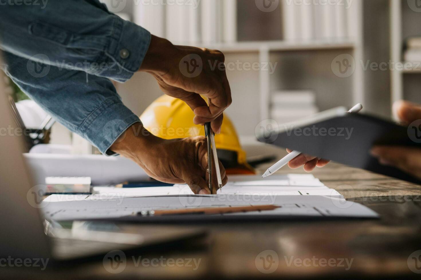 Architectural Office desk background construction project ideas concept, With drawing equipment with mining light photo