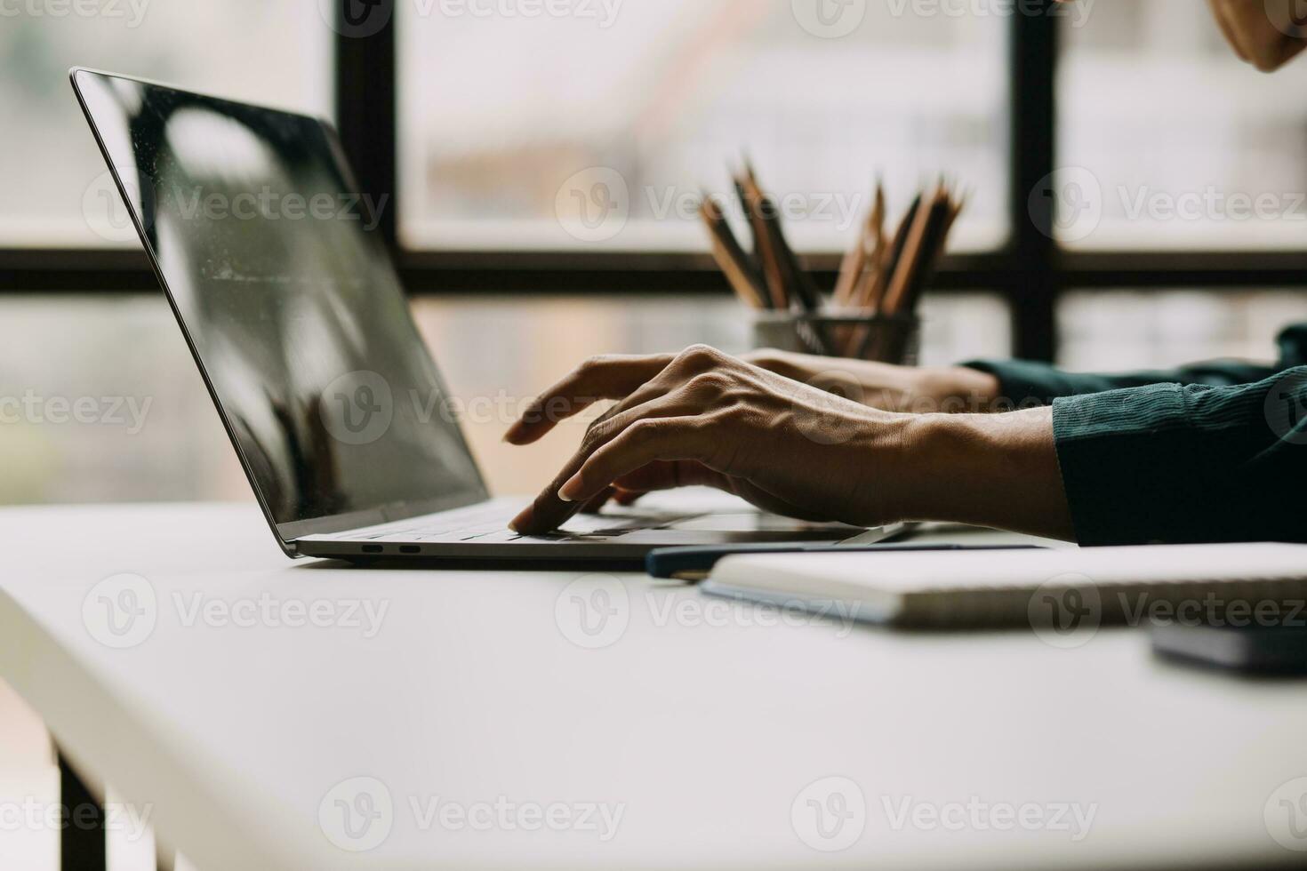 Financial Business team present. Business man hands hold documents with financial statistic stock photo, discussion, and analysis report data the charts and graphs. Finance Financial concept photo