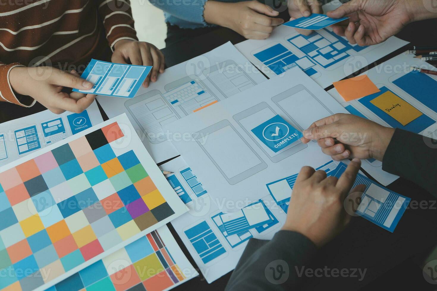 ux Graphic designer creative sketch planning application process development prototype wireframe for web mobile phone . User experience concept. photo