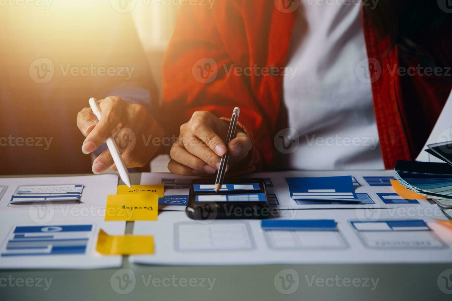 ux Graphic designer creative sketch planning application process development prototype wireframe for web mobile phone . User experience concept. photo