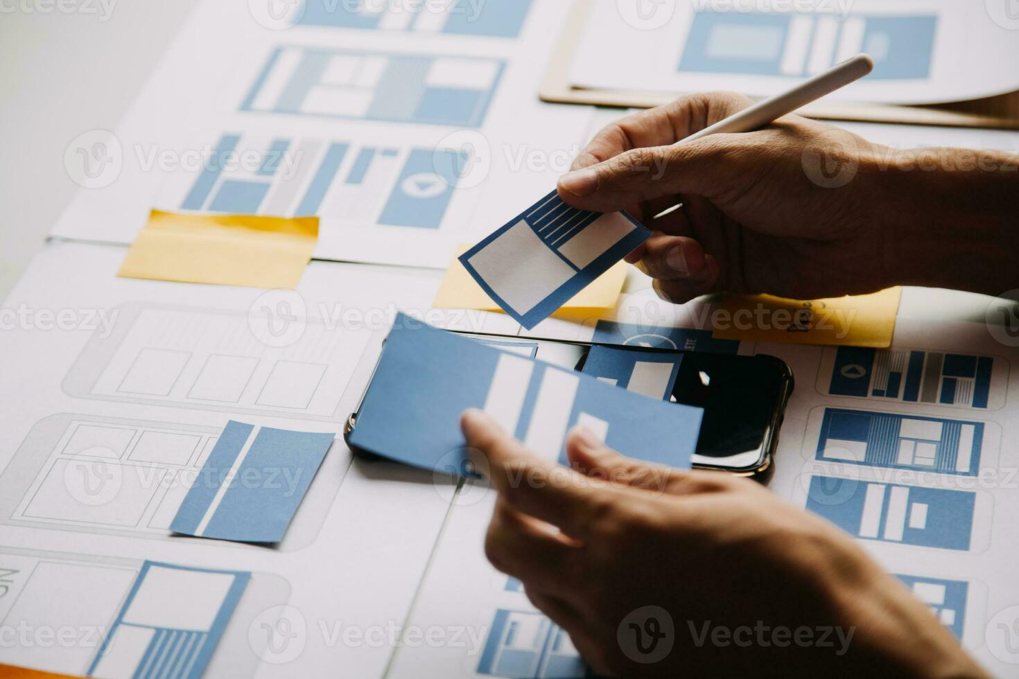 ux Graphic designer creative sketch planning application process development prototype wireframe for web mobile phone . User experience concept. photo