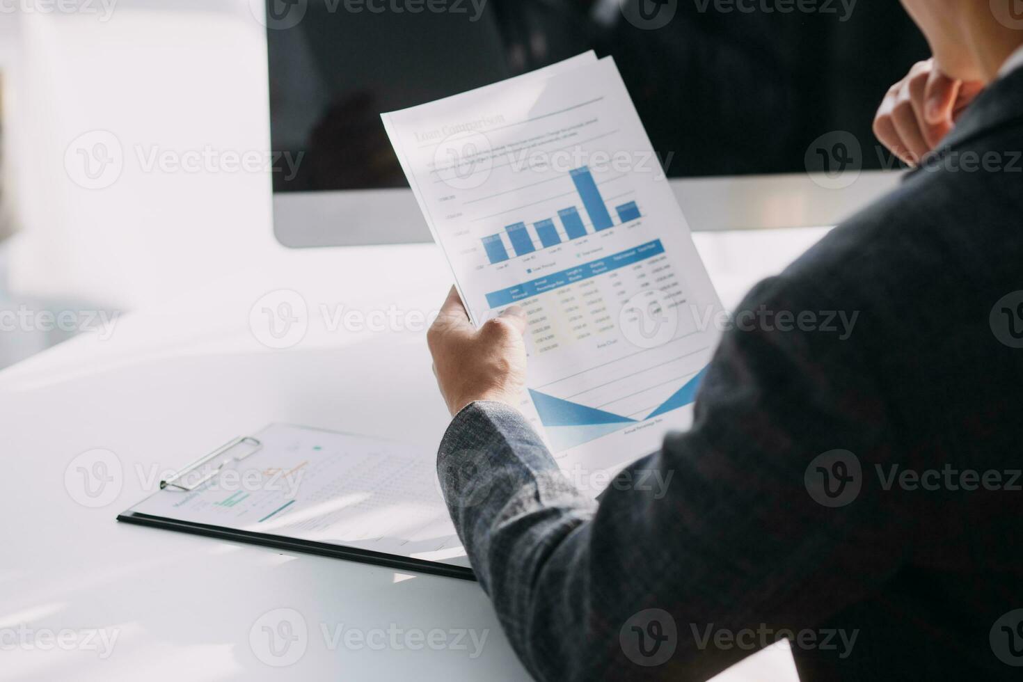 Document Businessman working modern computer Document Management System , Virtual online documentation database and process automation to efficiently manage files, photo