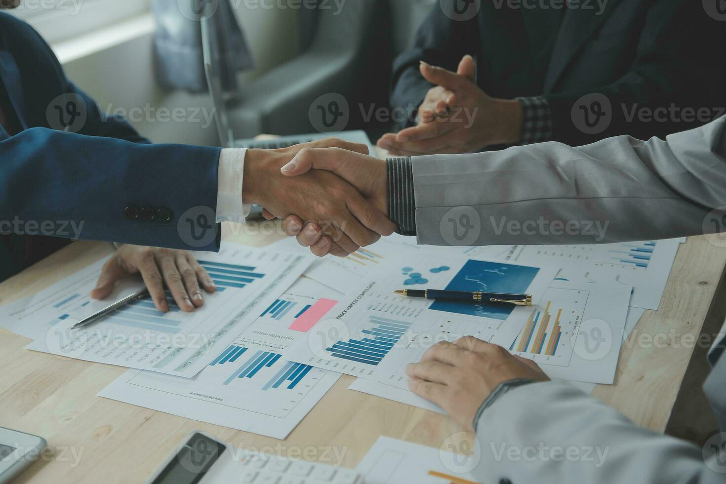 Business handshake for teamwork of business merger and acquisition,successful negotiate,hand shake,two businessman shake hand with partner to celebration partnership and business deal concept photo