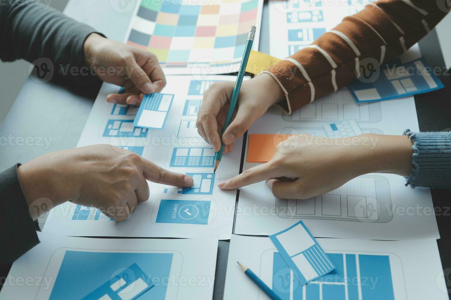ux Graphic designer creative sketch planning application process development prototype wireframe for web mobile phone . User experience concept. photo